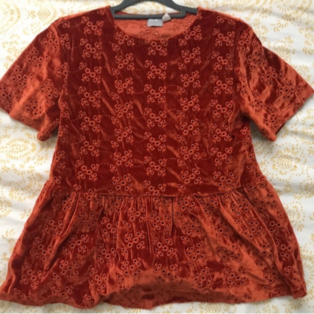 ASOS Orange Eyelet Peplum Velvet Top Size 0/XS